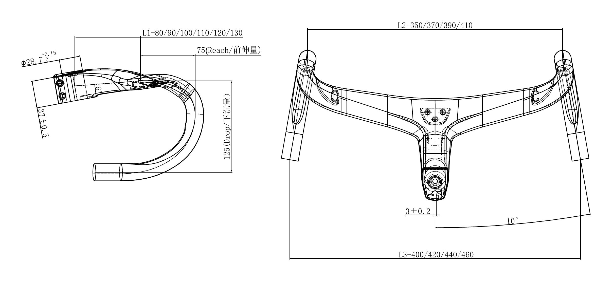 TKHB03 integrated carbon handlebar verified engineering diagram: 75 mm reach, 125 mm drop, L1/L2/L3 width and stem references