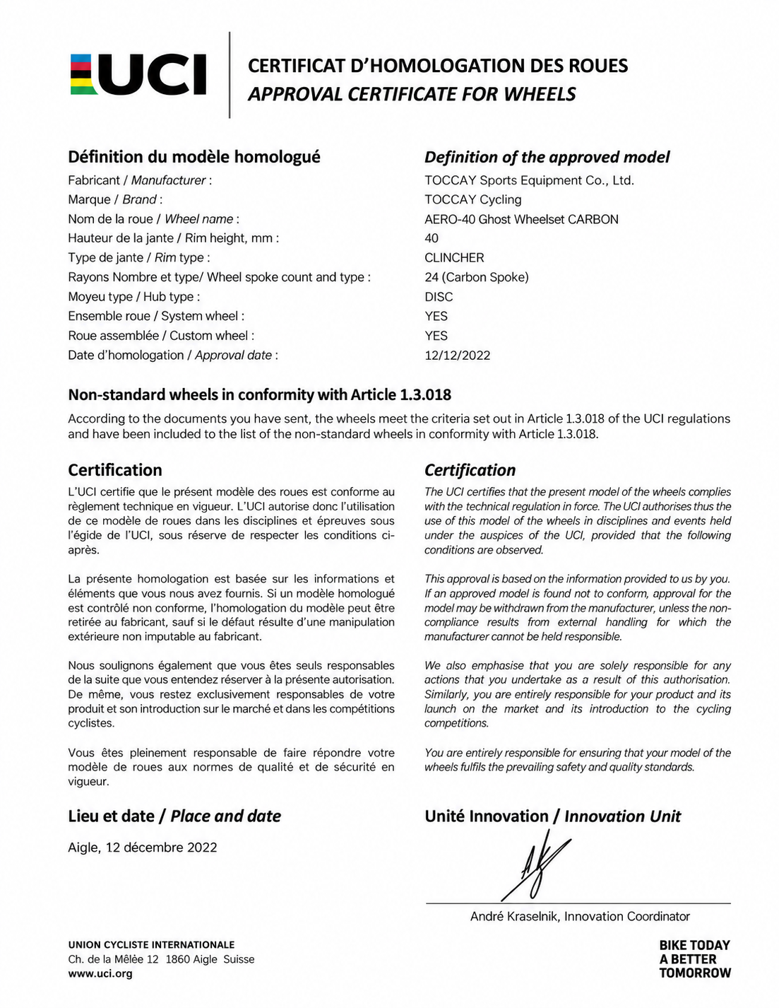 UCI approval certificate for AERO-40 Ghost Wheelset CARBON
