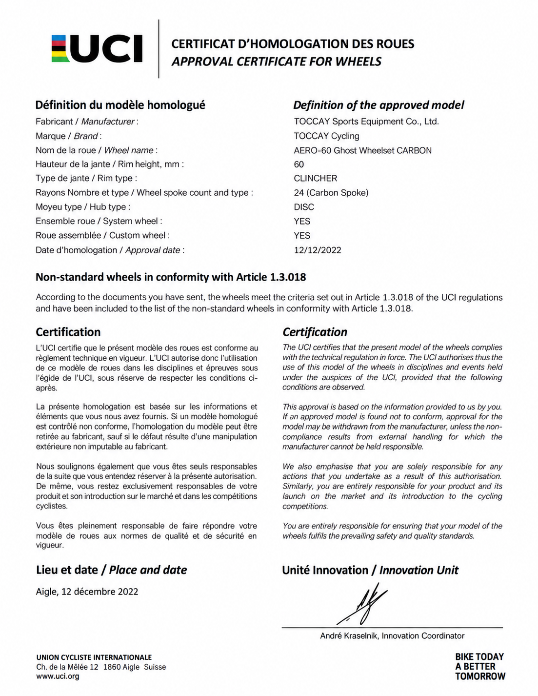 UCI approval certificate for AERO-60 Ghost Wheelset CARBON