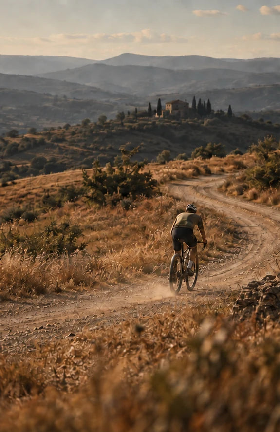 Gravel rider on a winding dirt road