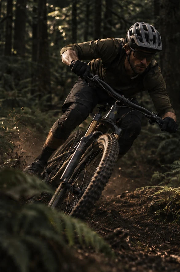 Mountain biker cornering on a forest trail