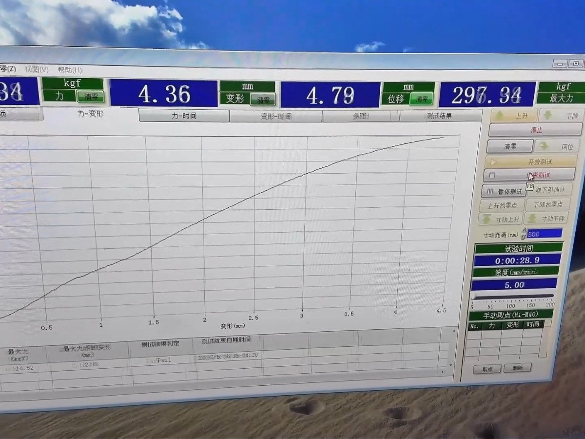 Recorded tensile test data from the TOCCAY test